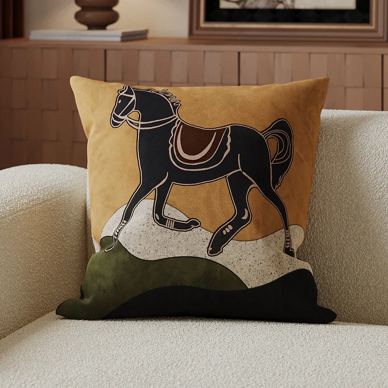 Decorative Velvet-Front Throw Pillow Cover with Unicorn Motif and Contrast Piped Edge