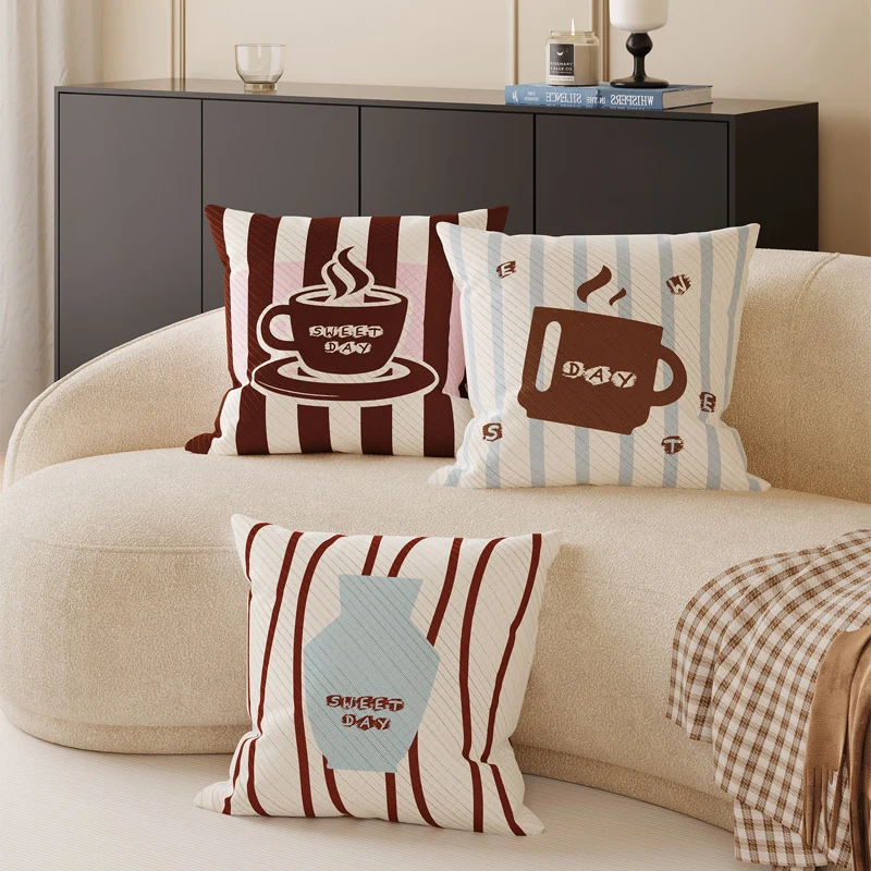 Decorative Square Throw Pillow Cover with Coffee Mug Graphic and Striped Jacquard Texture