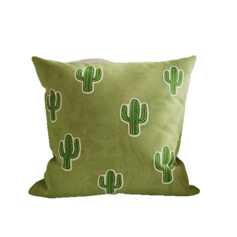 Decorative Square Cotton-Linen Throw Pillow Cover with Cactus Motif and Hidden Zipper