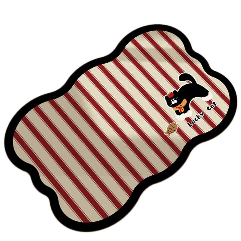 Decorative Scalloped Non-Slip Striped Bath Mat with Lucky Cat Print