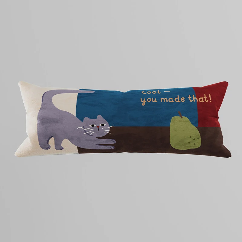 Decorative Lumbar Throw Pillow with Playful Cat Illustration and Motivational Text