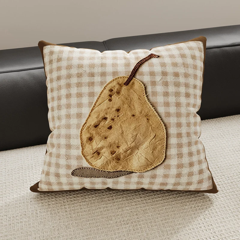 Decorative Gingham Embroidered Pear Appliqué Throw Pillow Cover