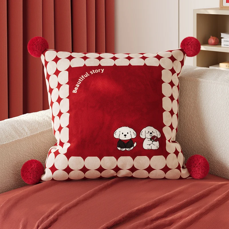 Decorative Cotton-Linen Square Throw Pillow with Pom-Pom Corners and Polka Dot Love Print