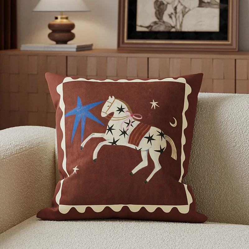 Decorative Cotton-Linen Horse-Illustration Square Throw Pillow Cover with Hidden Zipper