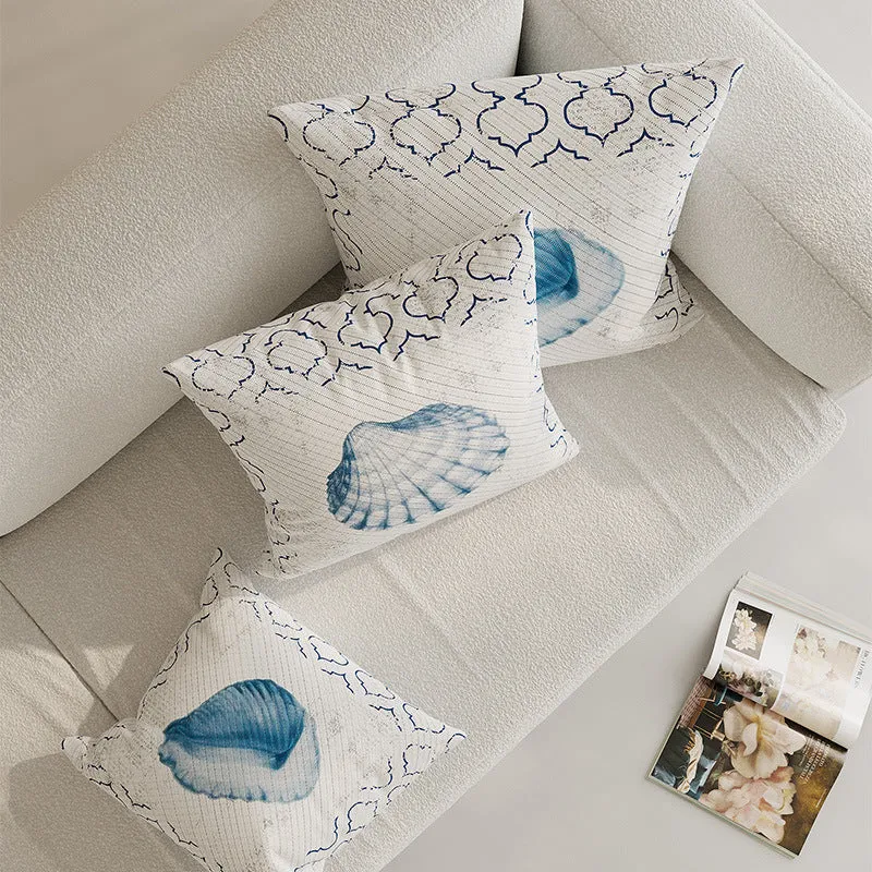 Decorative Coastal Shell Print Square Throw Pillow Cover with Textured Woven Fabric