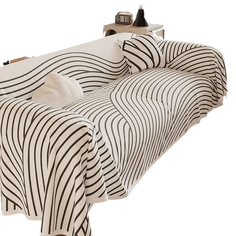 Contour-Fit Jacquard Sofa Throw Cover with Wave Stripe Drape