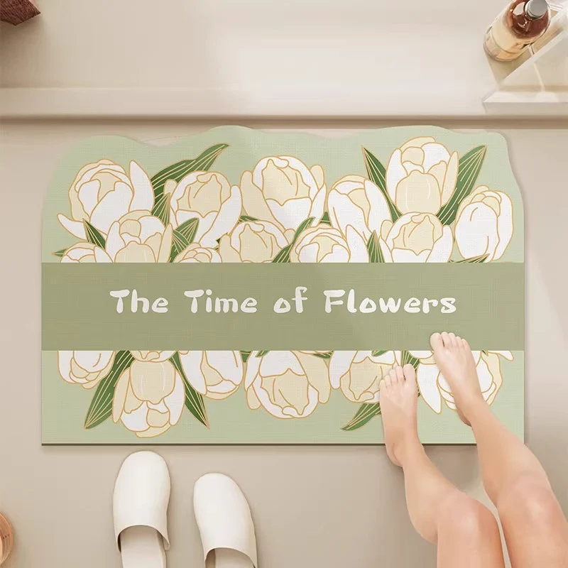 Absorbent Non-Slip Entrance Doormat with Tulip Illustration and 'The Time of Flowers' Typography