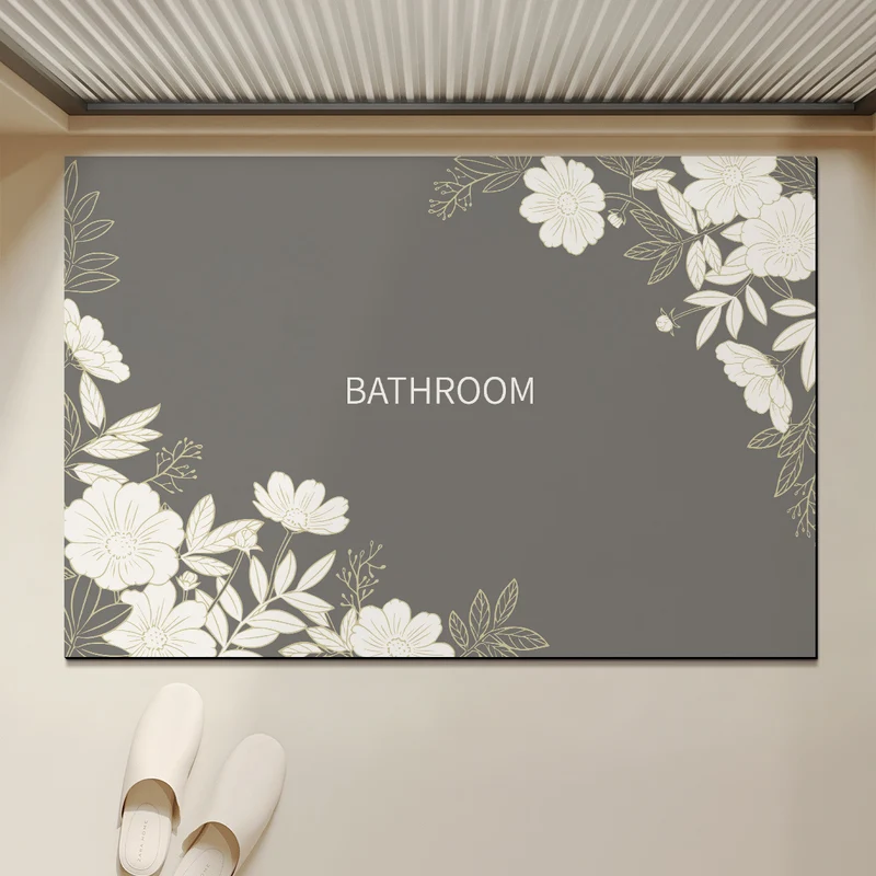 Absorbent Anti-Slip Bathroom Door Mat with Floral Corner Print and Quick-Dry Microfiber Surface