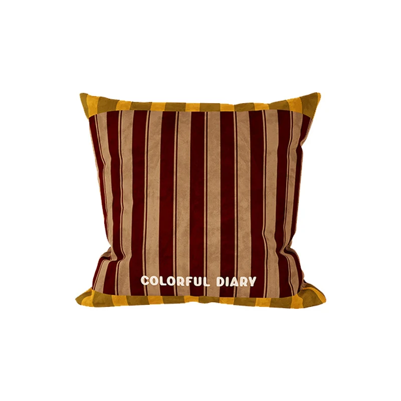 Striped Velvet Square Throw Pillow Cover with Contrast Border and Embroidered Slogan