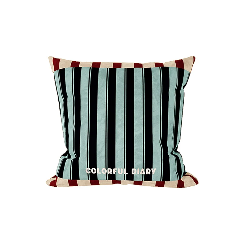 Striped Velvet Square Throw Pillow Cover with Contrast Border and Embroidered Slogan