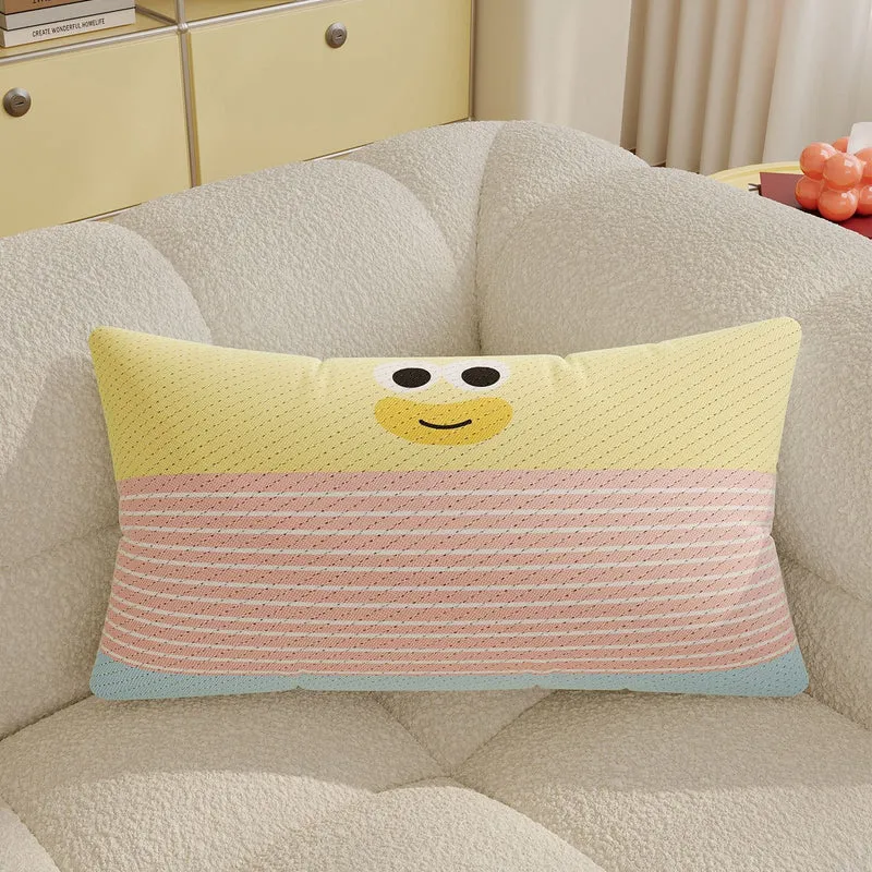 Striped Knit Lumbar Pillow Cover with Embroidered Cartoon Dog Accent