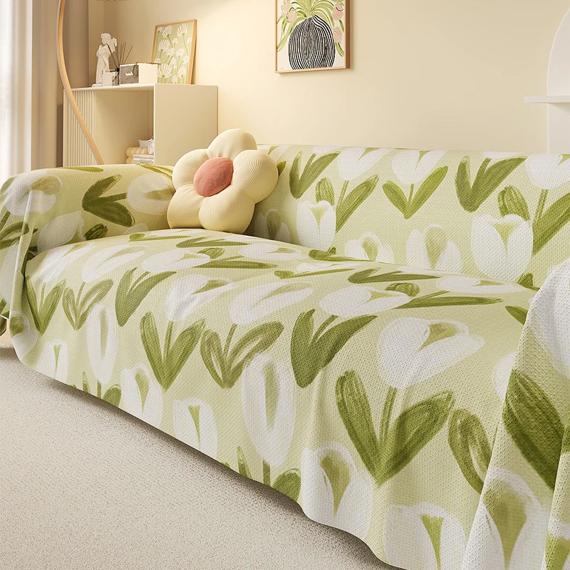 Stretch Jacquard Sofa Slipcover with Watercolor Tulip Print