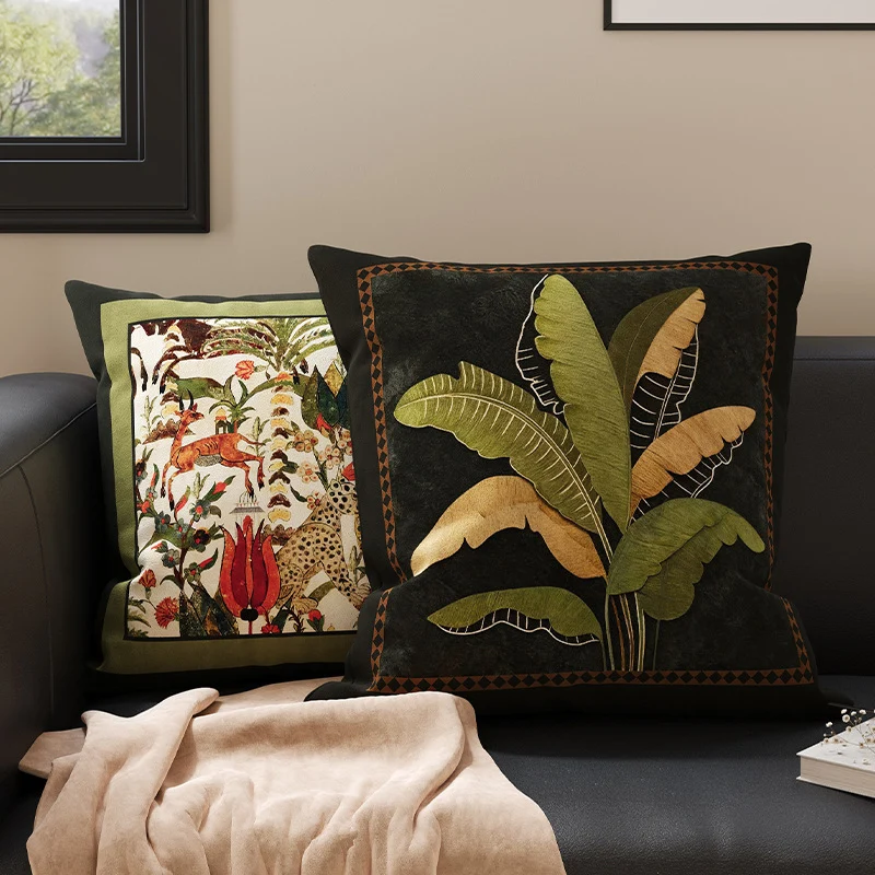 Square Velvet Accent Pillow Cover with Vintage Botanical Tapestry Print and Contrast Border