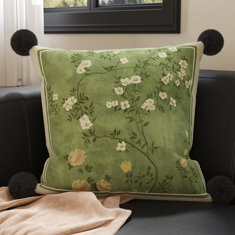 Square Plush Botanical Velvet Cushion Cover with Corner Pom-Poms and Invisible Zip