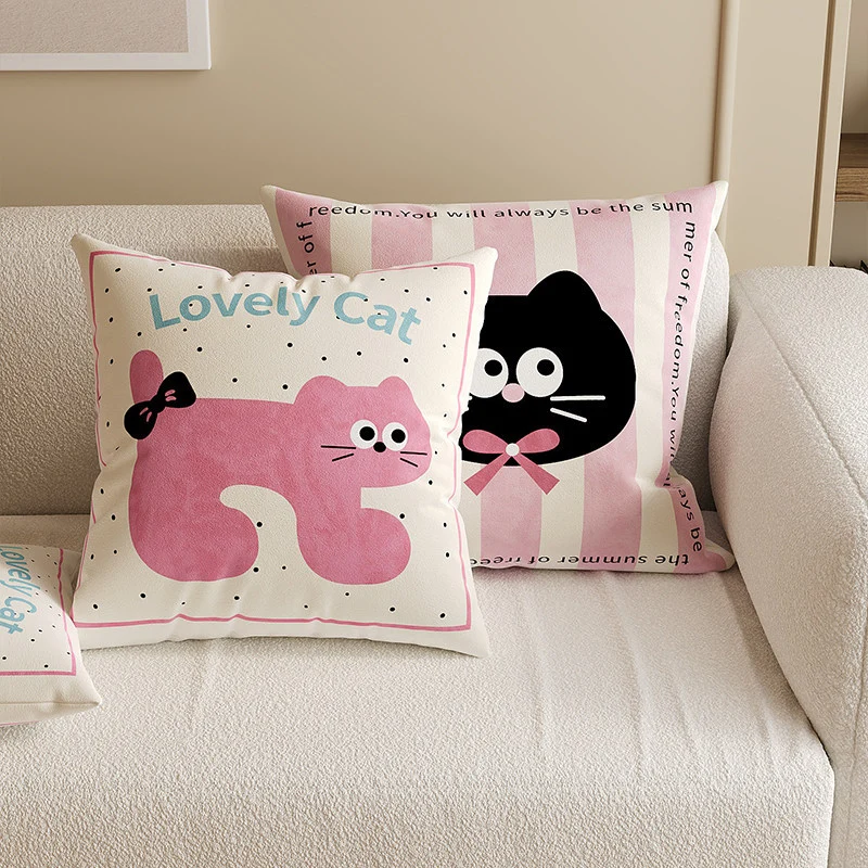 Square Decorative Throw Pillow Cover with Cute Cartoon Cat Illustration and Vertical Pink Stripe Linen-Blend