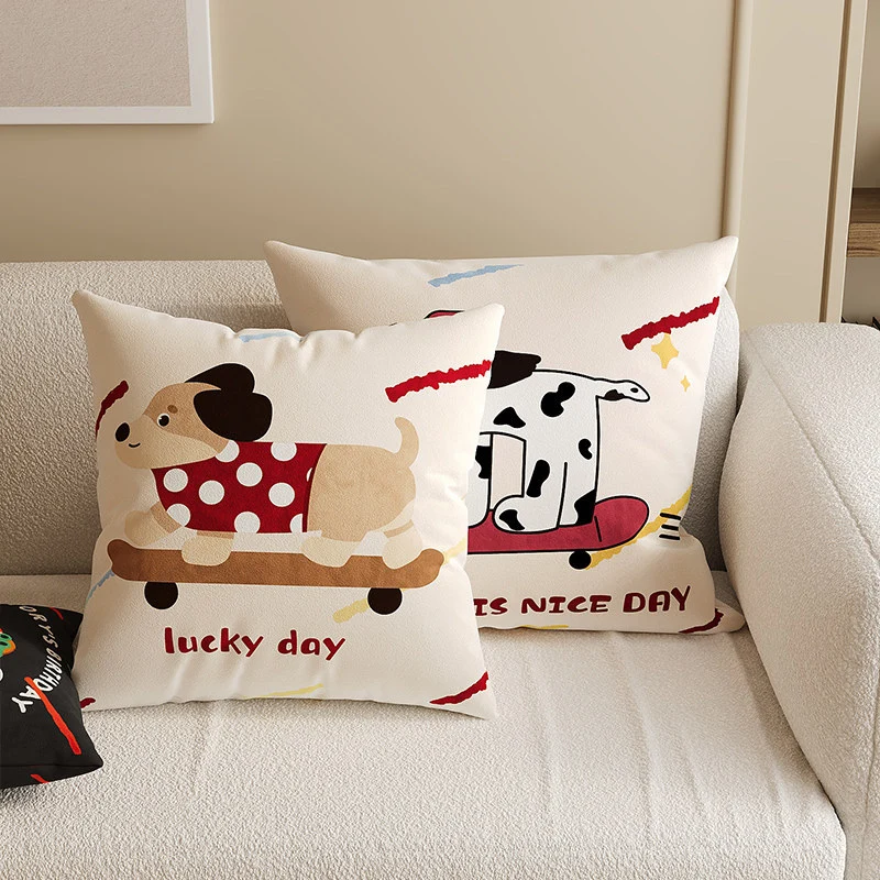 Square Decorative Throw Pillow Cover with Cute Cartoon Cat Illustration and Vertical Pink Stripe Linen-Blend