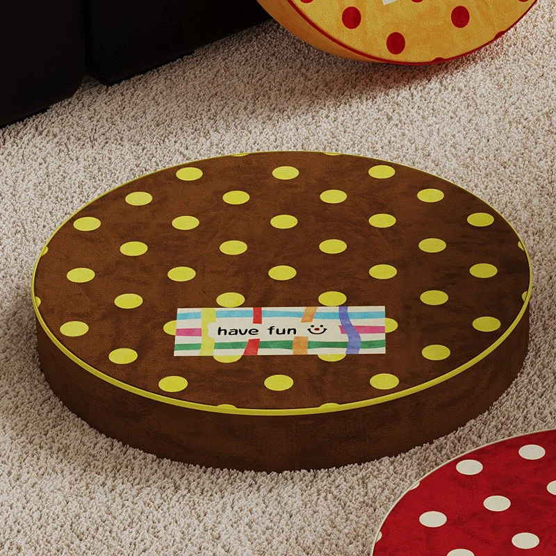 Round Plush Floor Cushion Pouf with Polka Dot Texture and Playful Have Fun Patch