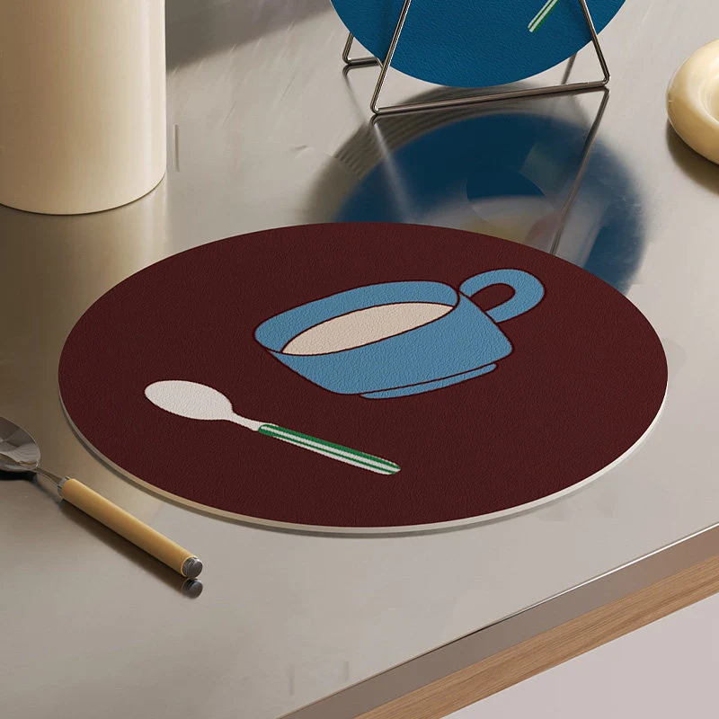 Round Decorative Absorbent Cork Coaster Set with Metal Stand and Fruit Plate Illustration