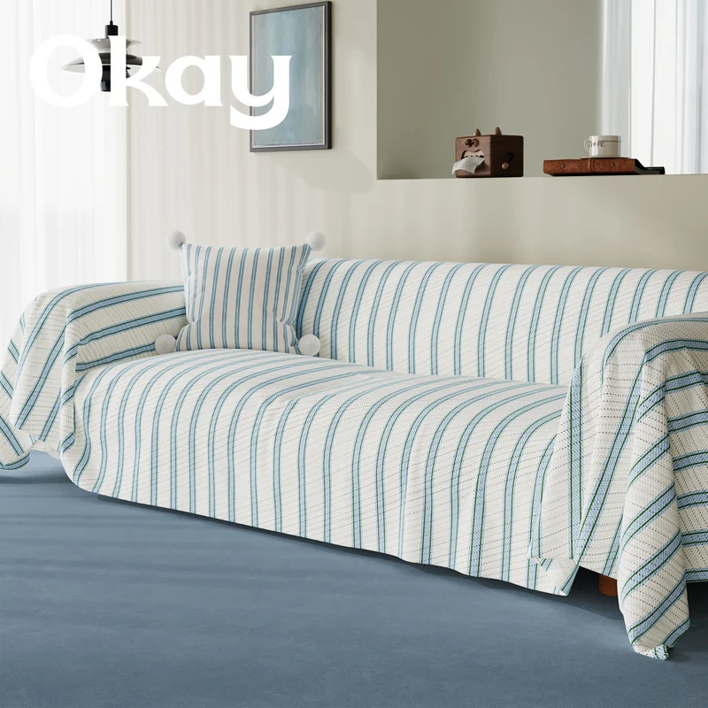 Quilted Striped Reversible Sofa Slipcover with Pom-Pom Accent Pillow