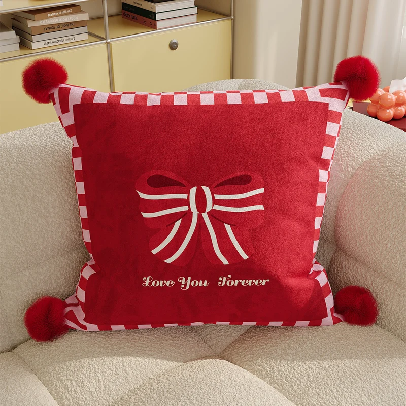 Polka Dot Bouclé Cushion Cover with Faux-Fur Pom-Pom Corners and Gift Bow Motif
