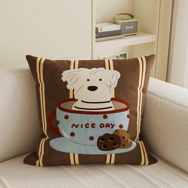 Plush Velvet Decorative Square Throw Pillow Cover with Cartoon Dog Family Illustration and Hidden Zipper