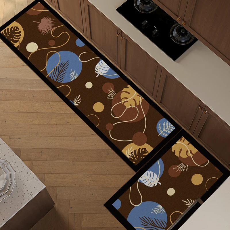 Non-Slip Absorbent Kitchen Runner and Matching Small Entrance Mat Set with Tropical Leaf Abstract Print