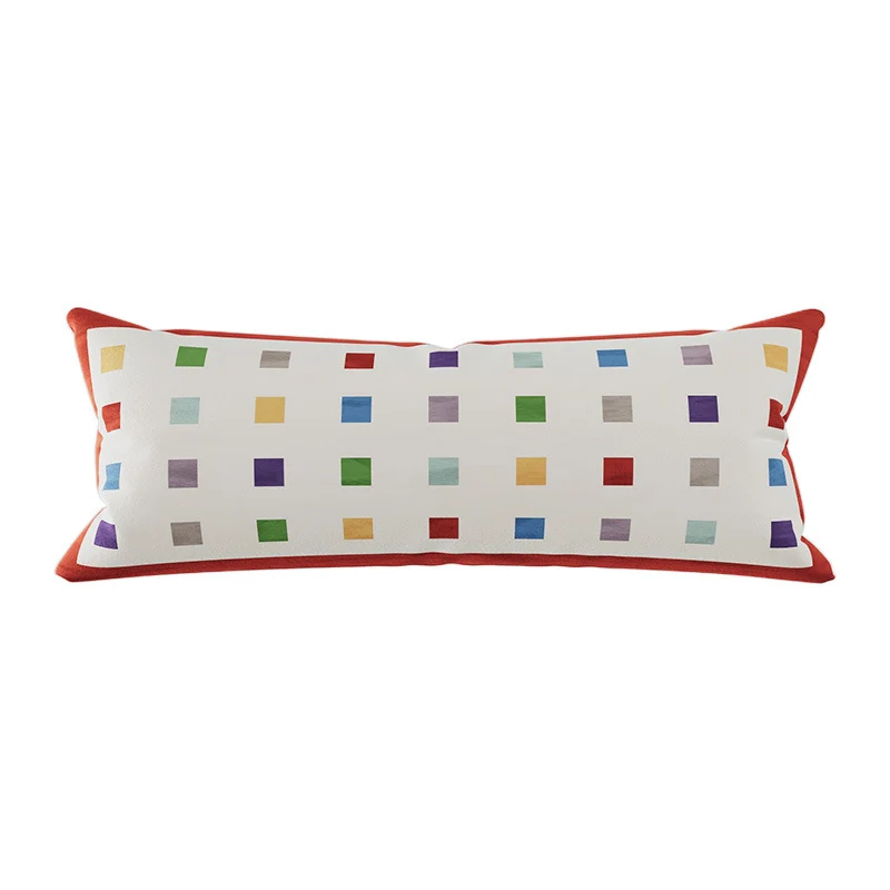 Long Lumbar Velvet Pillow Cover with Checkerboard Textured Panel and Hidden Zipper