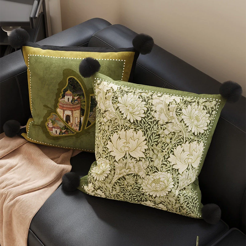 Decorative Velvet Throw Pillow Cover with Cat Silhouette and Corner Pom-Poms