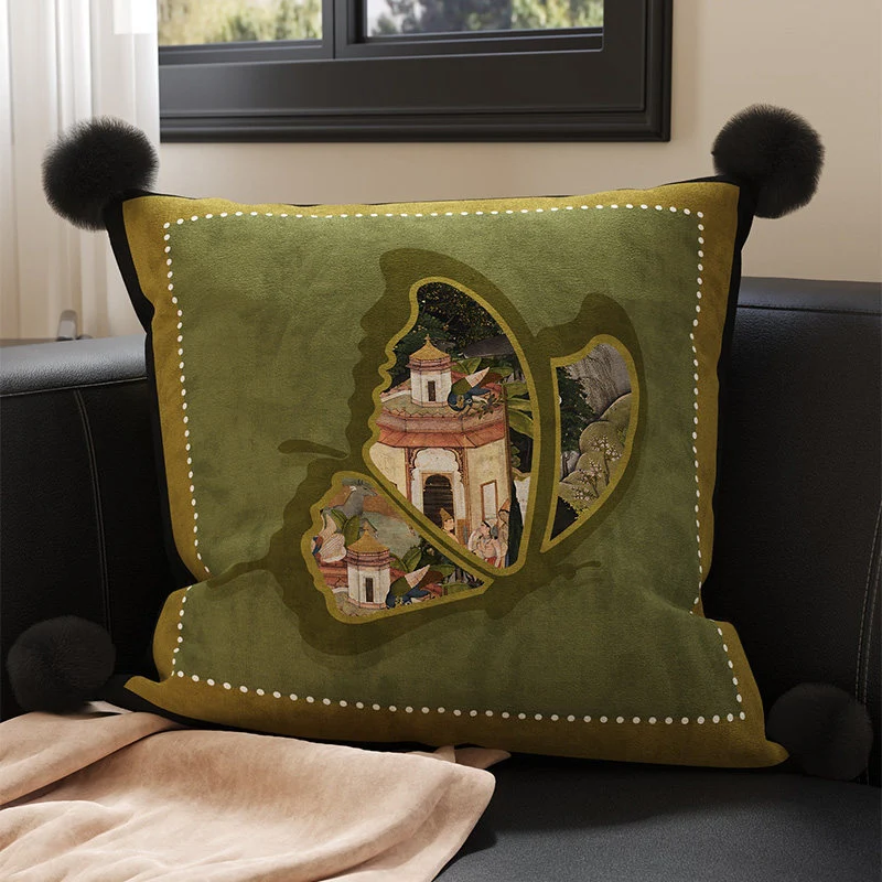 Decorative Velvet Throw Pillow Cover with Cat Silhouette and Corner Pom-Poms