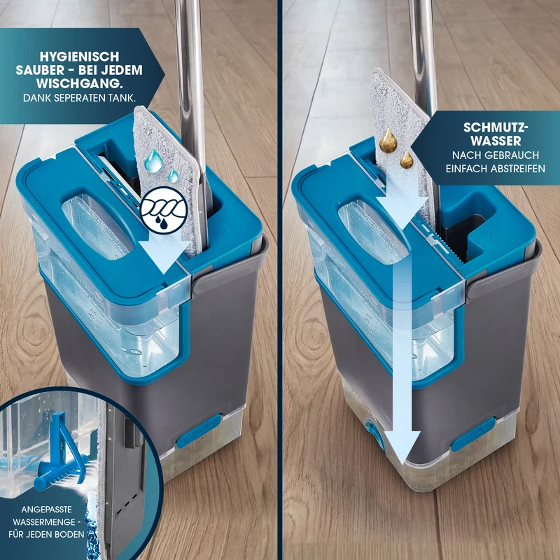 Komfort-Mopp DuoTank - grau-blau + Ersatz-Wischpad 2er-Set