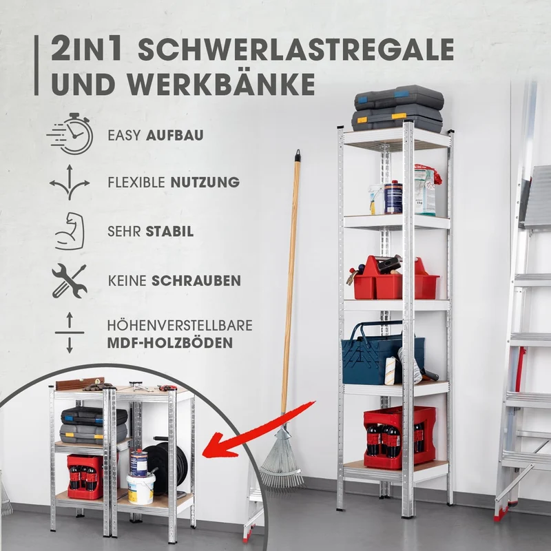 2 in 1 Schwerlastregal & Werkbank Bis zu 175 kg Tragkraft je Regalboden