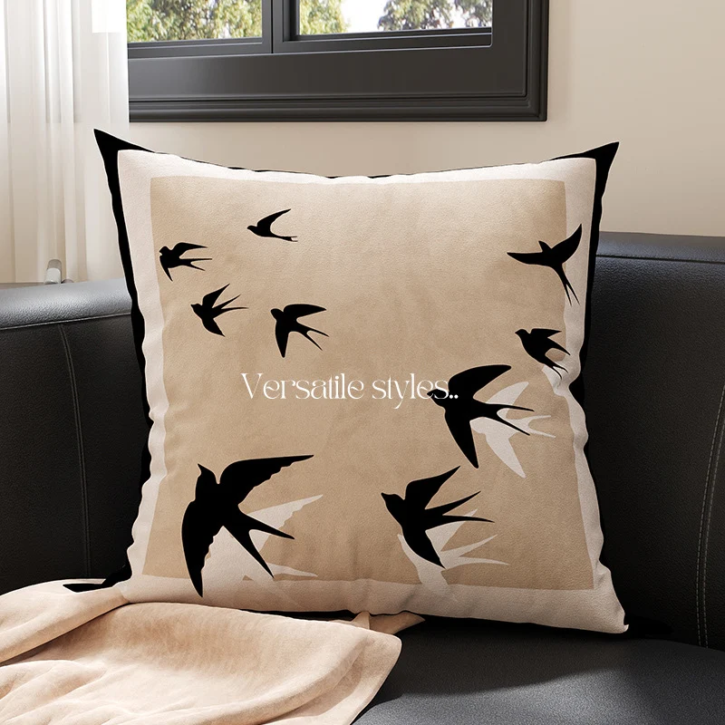 Decorative Square Throw Pillow Cover with Flying Swallow Silhouette Suede-Feel Linen-Blend