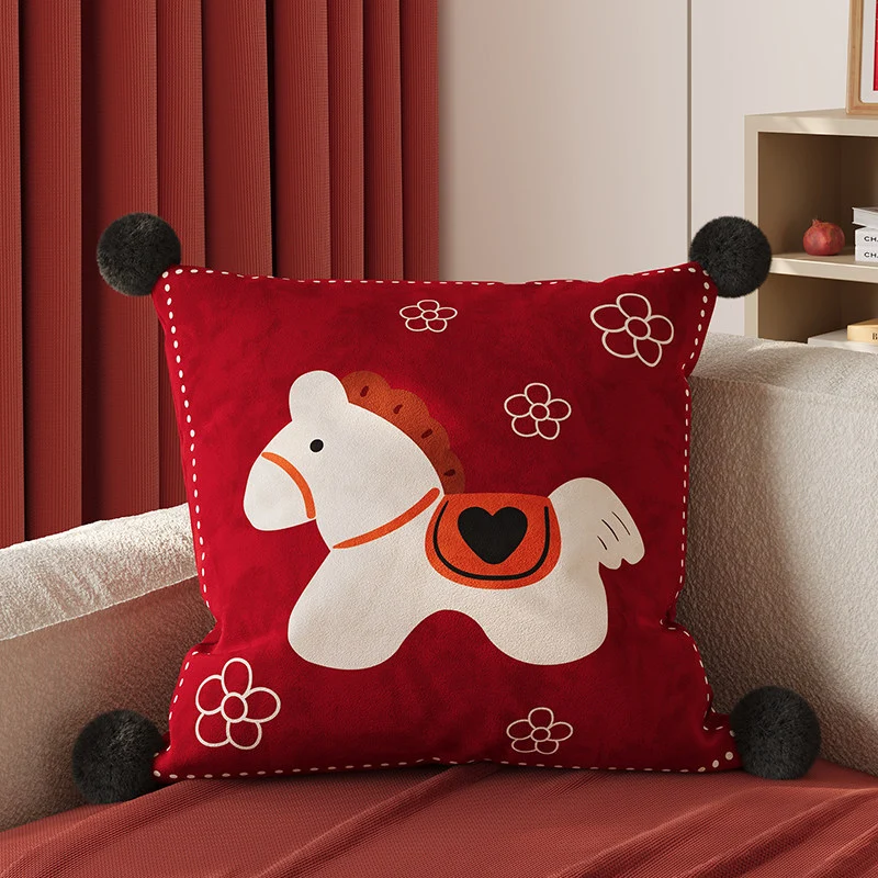 Decorative Square Pom-Pom Throw Pillow Cover with Jacquard Floral Motif