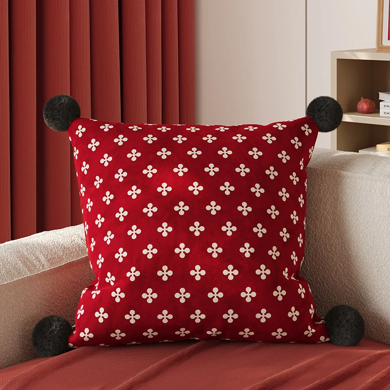 Decorative Square Pom-Pom Throw Pillow Cover with Jacquard Floral Motif