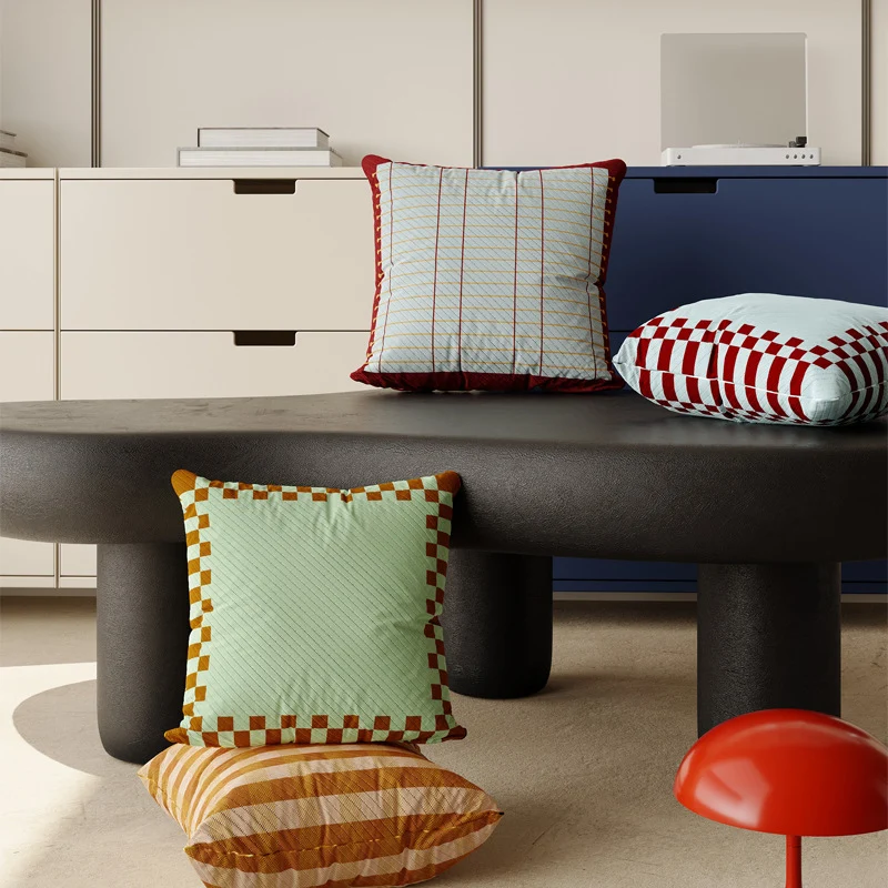 Decorative Square Cushion Cover with Grid Quilting, Contrast Piped Edge and Laced Side Detail