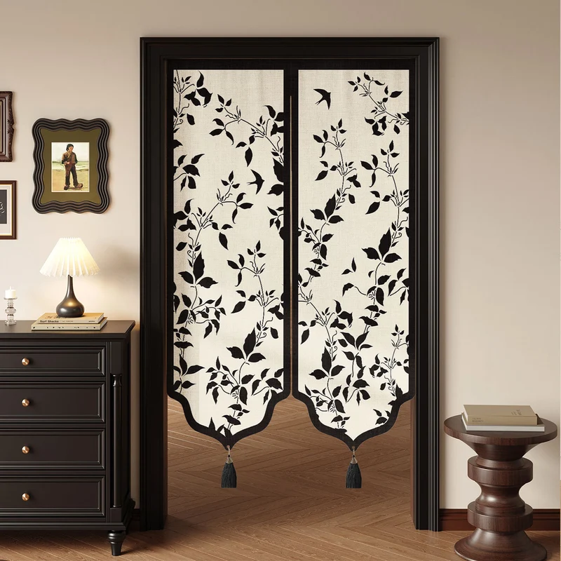 Decorative Split Noren Door Curtain Panel with Floral Jacquard and Tassel Weights
