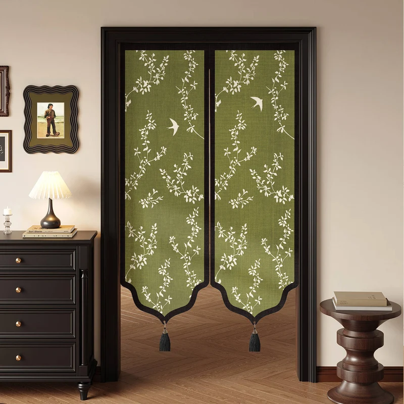 Decorative Split Noren Door Curtain Panel with Floral Jacquard and Tassel Weights