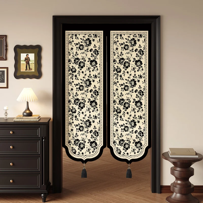 Decorative Split Noren Door Curtain Panel with Floral Jacquard and Tassel Weights