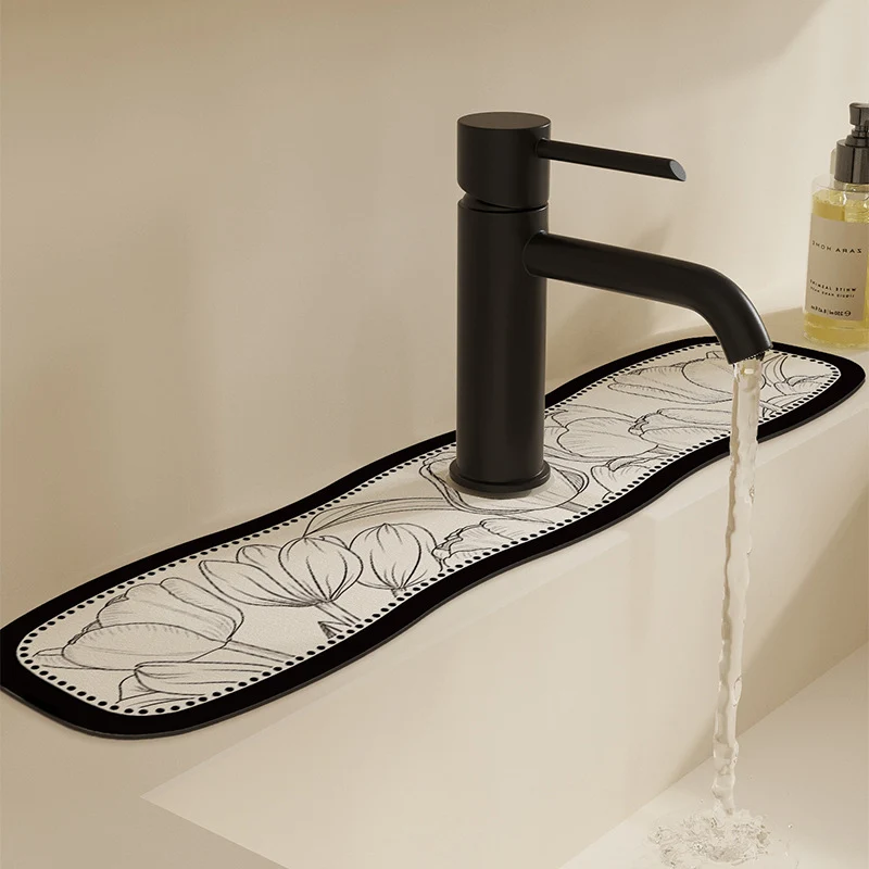 Decorative Semi-Circle Sink Splash Mat with Absorbent Silicone and Floral Sketch Print