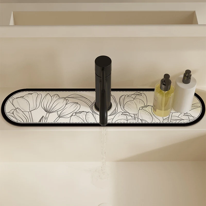 Decorative Semi-Circle Sink Splash Mat with Absorbent Silicone and Floral Sketch Print