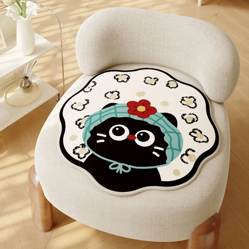 Decorative Scalloped Round Chair Seat Cushion Pad with Cartoon Cat and Polka Dot Print