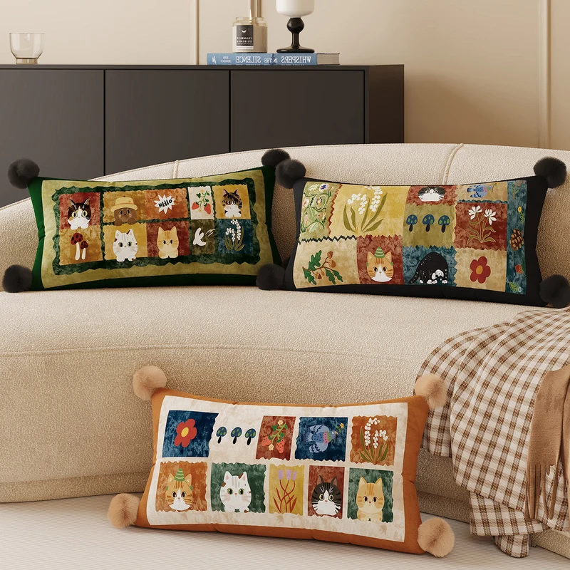 Decorative Rectangular Throw Pillow with Pom-Pom Corners and Patchwork Cat Illustration