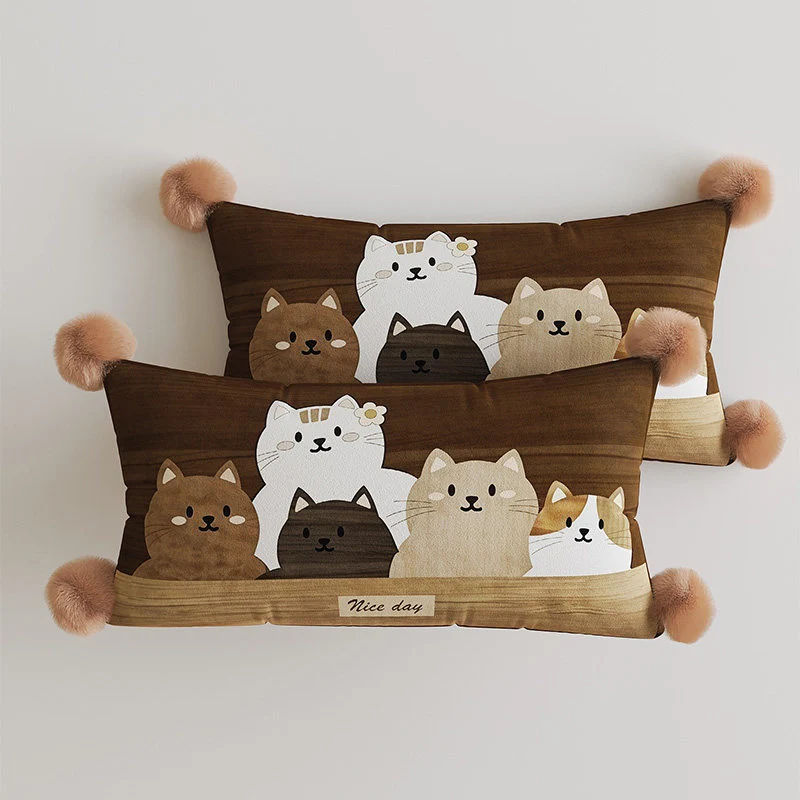 Decorative Rectangular Throw Pillow with Pom-Pom Corners and Patchwork Cat Illustration