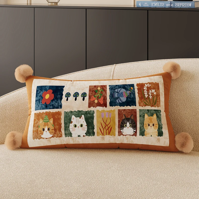 Decorative Rectangular Throw Pillow with Pom-Pom Corners and Patchwork Cat Illustration
