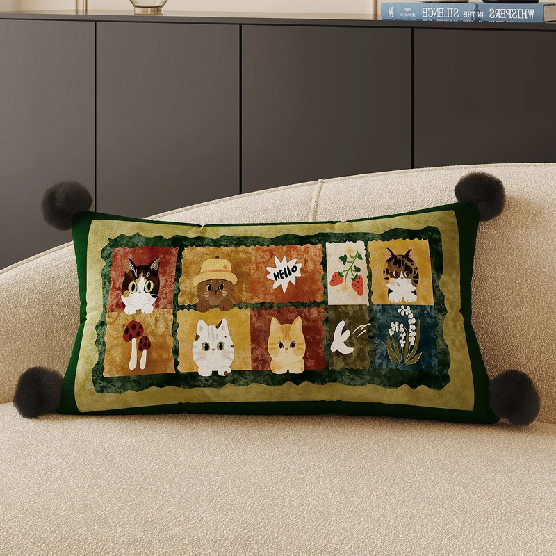Decorative Rectangular Throw Pillow with Pom-Pom Corners and Patchwork Cat Illustration