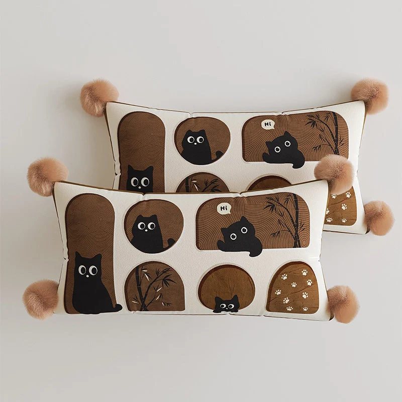 Decorative Rectangular Throw Pillow with Pom-Pom Corners and Patchwork Cat Illustration