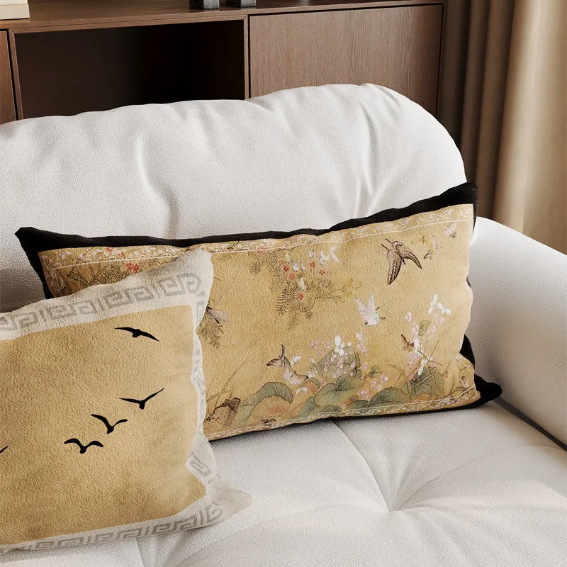 Decorative Rectangular Linen-Blend Lumbar Pillow Cover with Oriental Bird and Blossom Print and Contrast Velvet Border