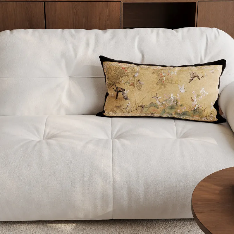 Decorative Rectangular Linen-Blend Lumbar Pillow Cover with Oriental Bird and Blossom Print and Contrast Velvet Border