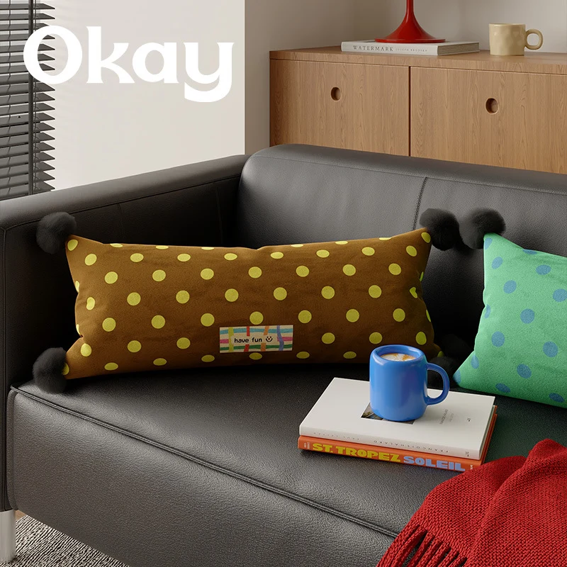 Decorative Polka Dot Lumbar Pillow with Corner Pom-Poms