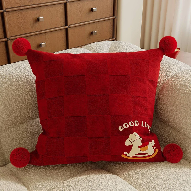 Decorative Plush Checkered Throw Pillow Cover with Corner Pom-Poms and Good Luck Rocking Horse Motif